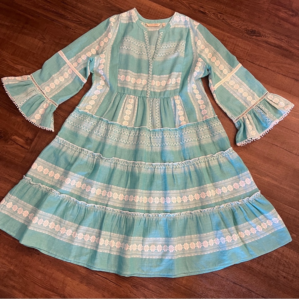 Soft Surroundings Francisco Boho Tiered Cotton Dress Aqua Embroidered Size L